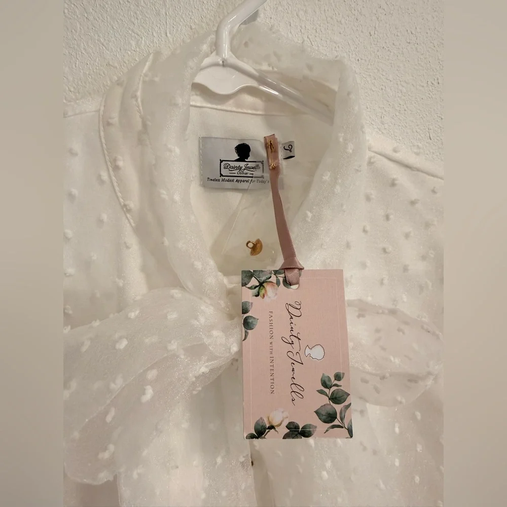 Elegant Dainty Jewells Sheer White Blouse with Bow - Picture 7 of 7